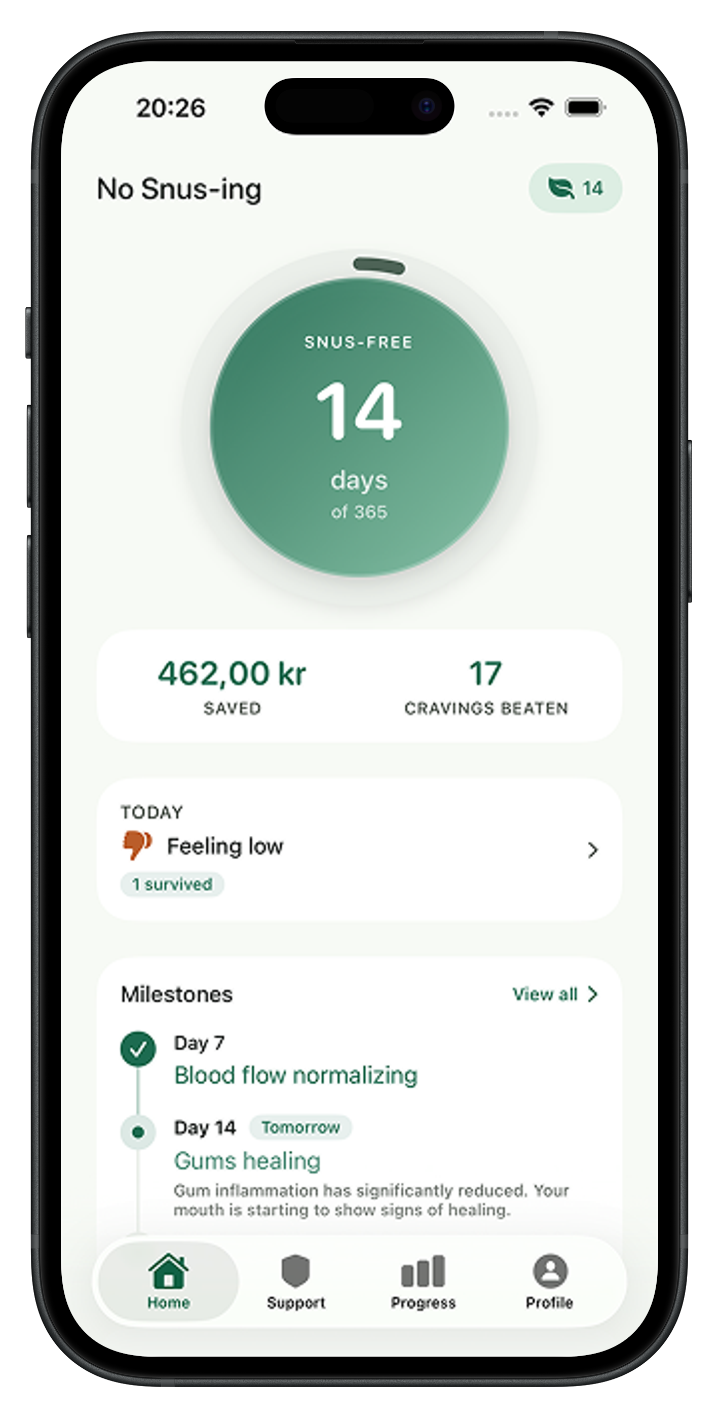 Quit Snus Support screen — Having a craving?